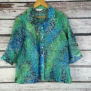 Allison Daley Petites 8P Burnout Sheer 3/4 Sleeve Button Down Shirt‎ Green Blue